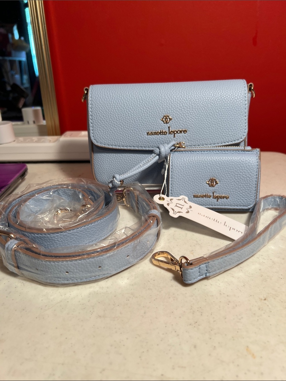 Nanette Lepore Powder Blue Pebbled Leather Crossbody with Wallet